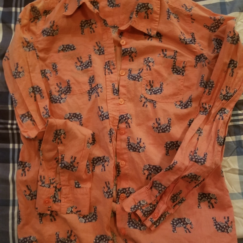 Coral colored button down with blue elephants